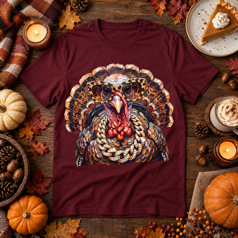 Faux Painted Fancy Turkey: Gold Chains & Leopard Glasses DTF Transfer