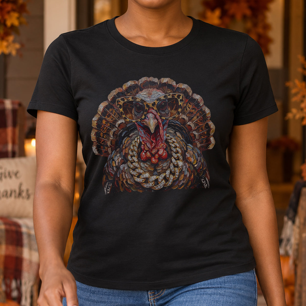 Faux Painted Fancy Turkey: Gold Chains & Leopard Glasses DTF Transfer