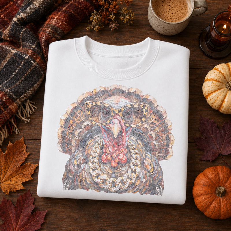 Faux Painted Fancy Turkey: Gold Chains & Leopard Glasses DTF Transfer