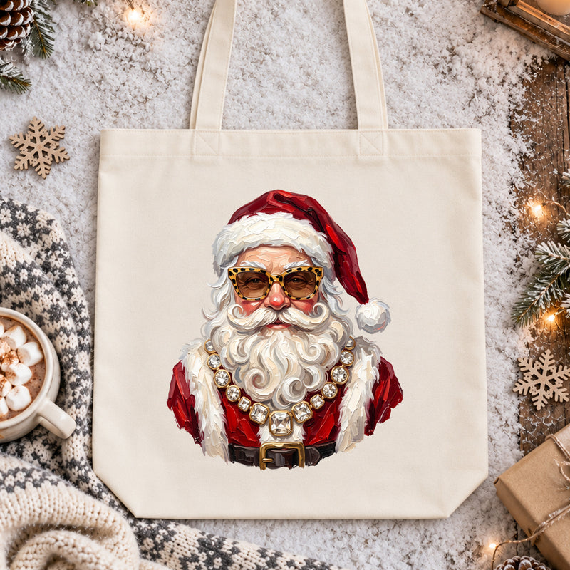 Boujee Faux Painted Santa: Leopard Glasses & Iced-Out Diamond Necklace DTF Transfer
