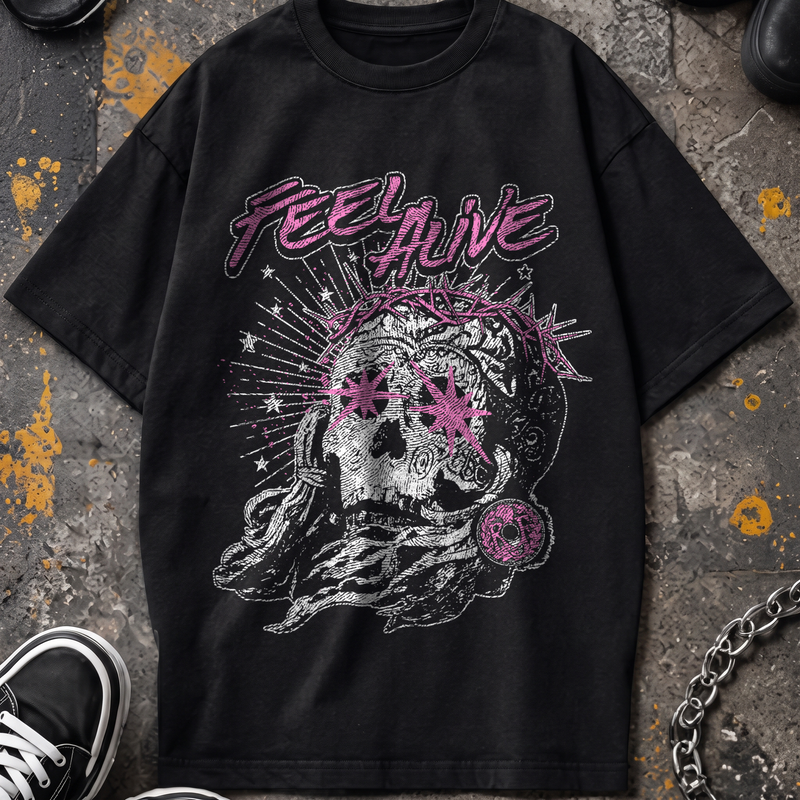 Feel Alive Cyber-Grunge Skull & Thorns Streetwear - DTF Transfer