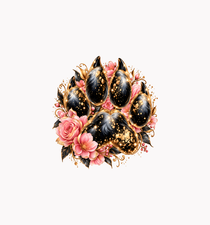 Sparkling Gold & Pink Floral Paw Glamorous Botanical - DTF Transfer