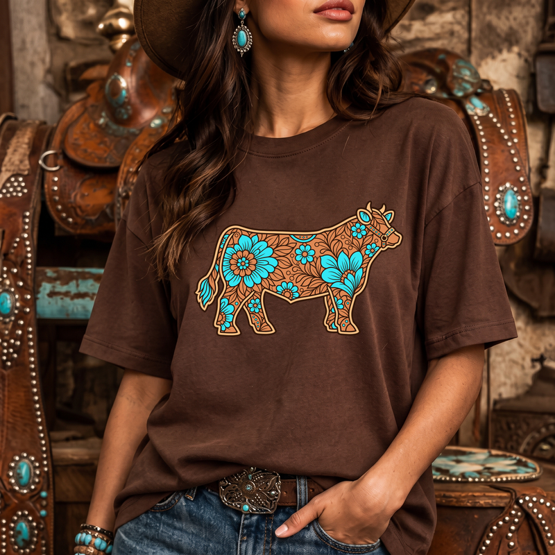 Floral Turquoise Show Steer Western Leather Carving & Tooling - DTF Transfer