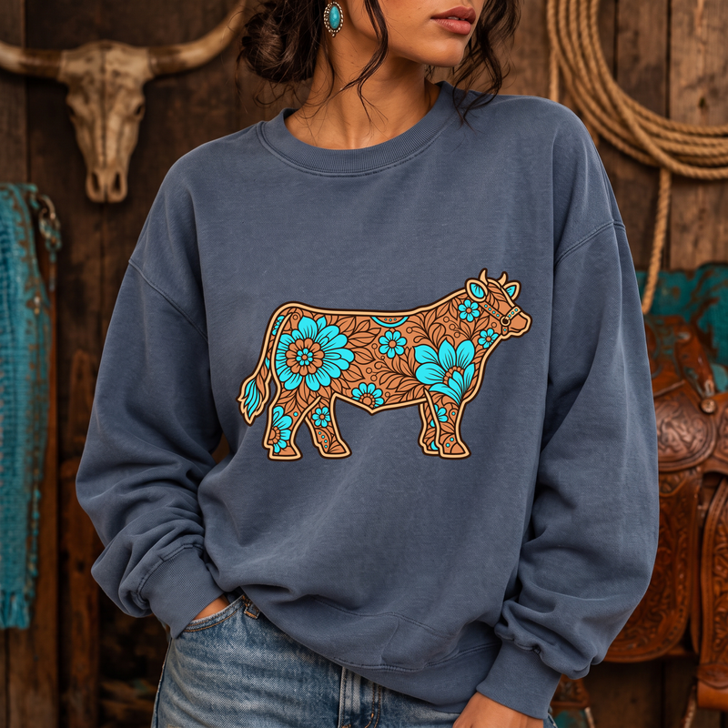Floral Turquoise Show Steer Western Leather Carving & Tooling - DTF Transfer