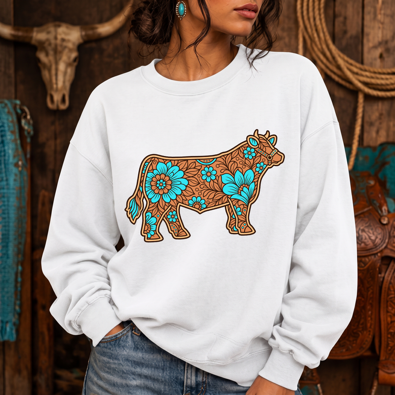 Floral Turquoise Show Steer Western Leather Carving & Tooling - DTF Transfer