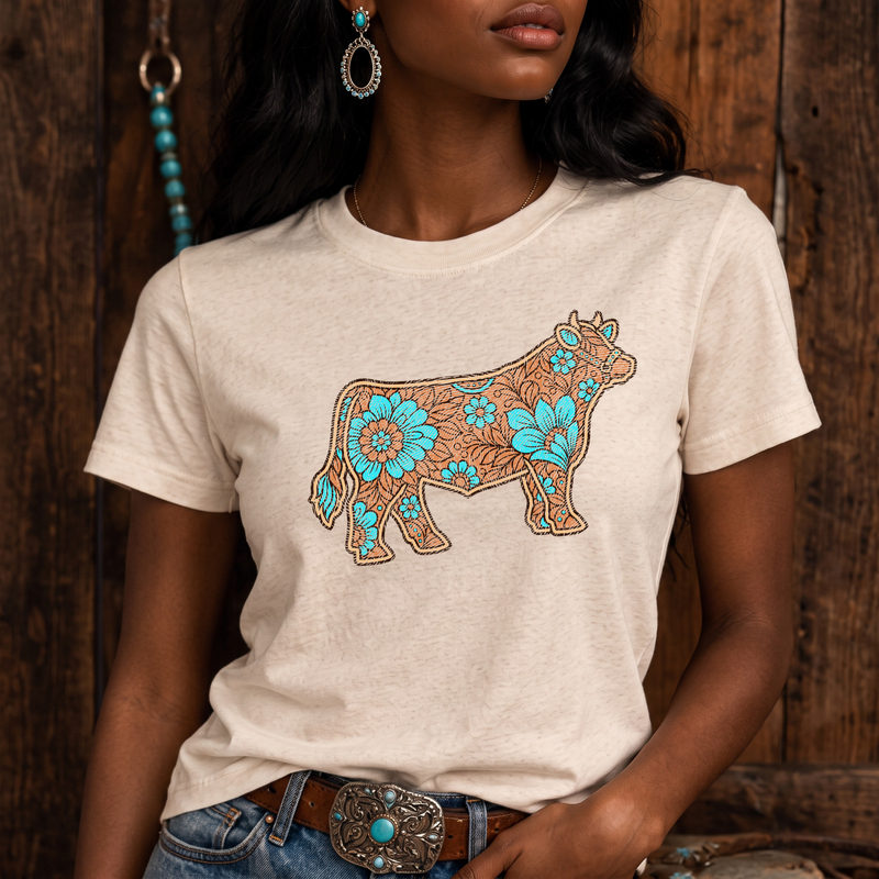 Floral Turquoise Show Steer Western Leather Carving & Tooling - DTF Transfer