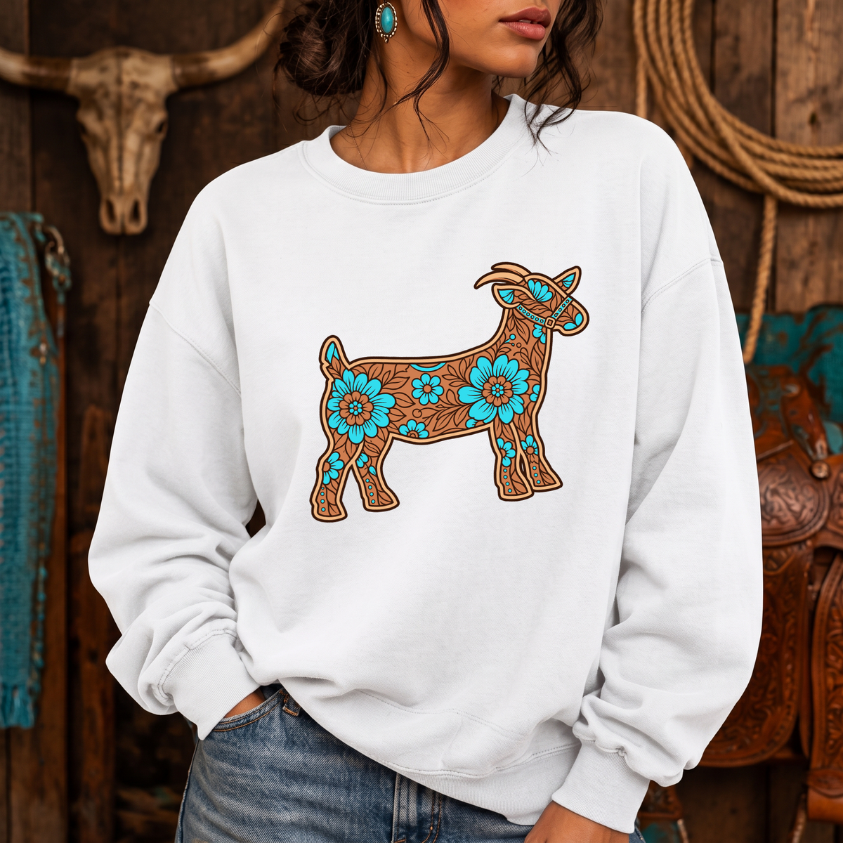 Floral Turquoise Show Goat Western Leather Carving & Tooling - DTF Transfer