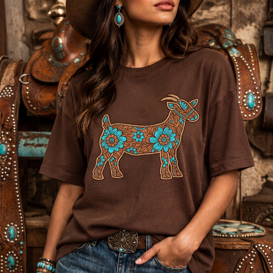 Floral Turquoise Show Goat Western Leather Carving & Tooling - DTF Transfer