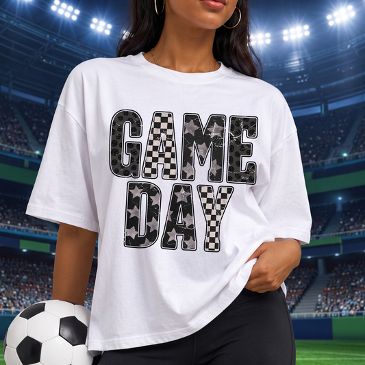 Game Day Babes Black Leopard, Checkerboard & Glitter Star Stacked - DTF Transfer