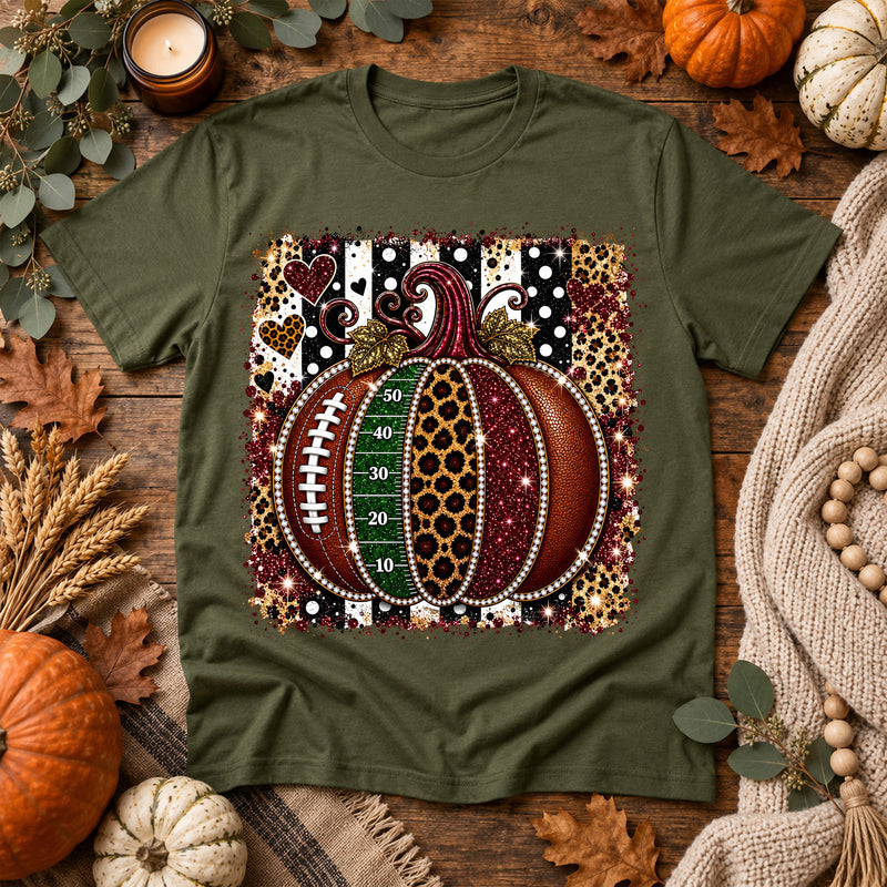 Faux Glitter Football Pumpkin & Leopard Stripes: Glam Game Day - DTF Transfer