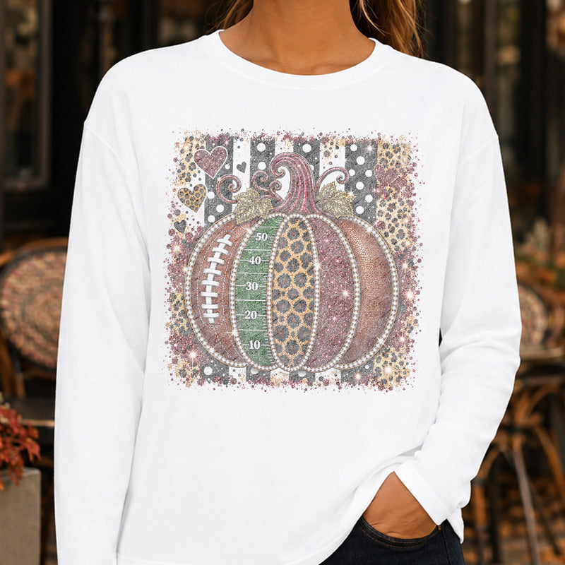 Faux Glitter Football Pumpkin & Leopard Stripes: Glam Game Day - DTF Transfer