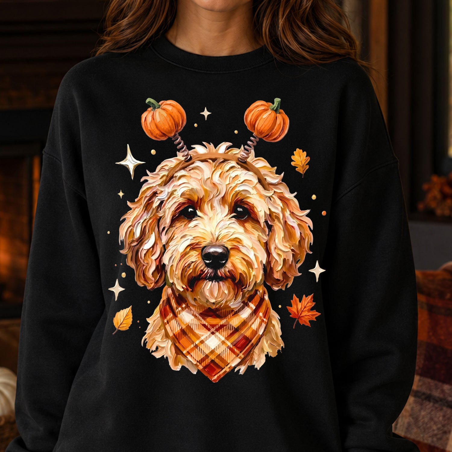 Autumn Goldendoodle Dog & Pumpkin Headband - DTF Transfer