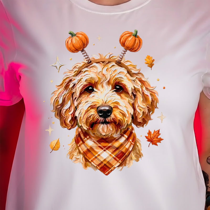 Autumn Goldendoodle Dog & Pumpkin Headband - DTF Transfer