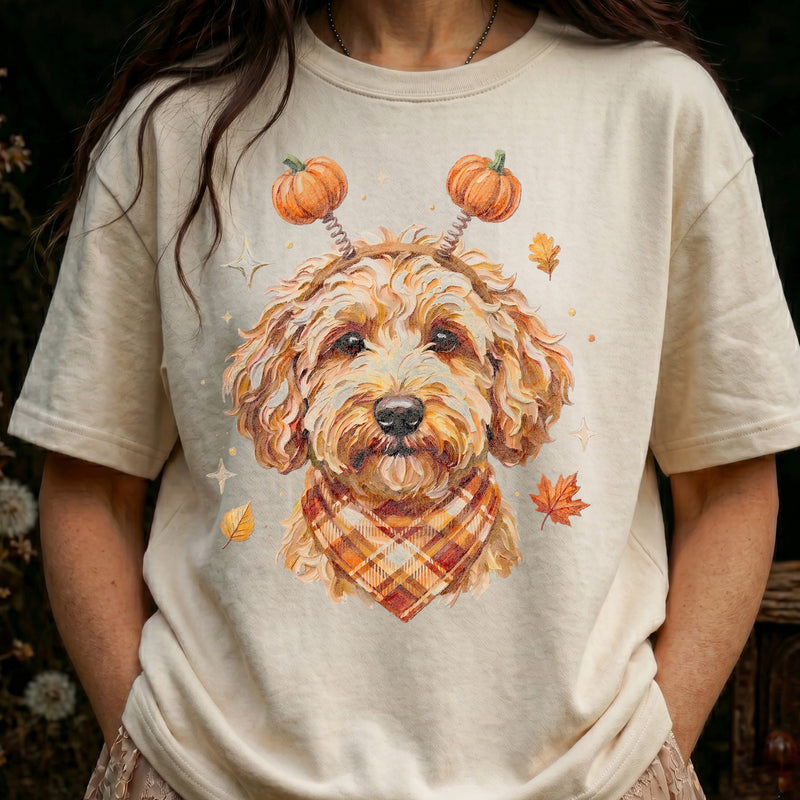 Autumn Goldendoodle Dog & Pumpkin Headband - DTF Transfer