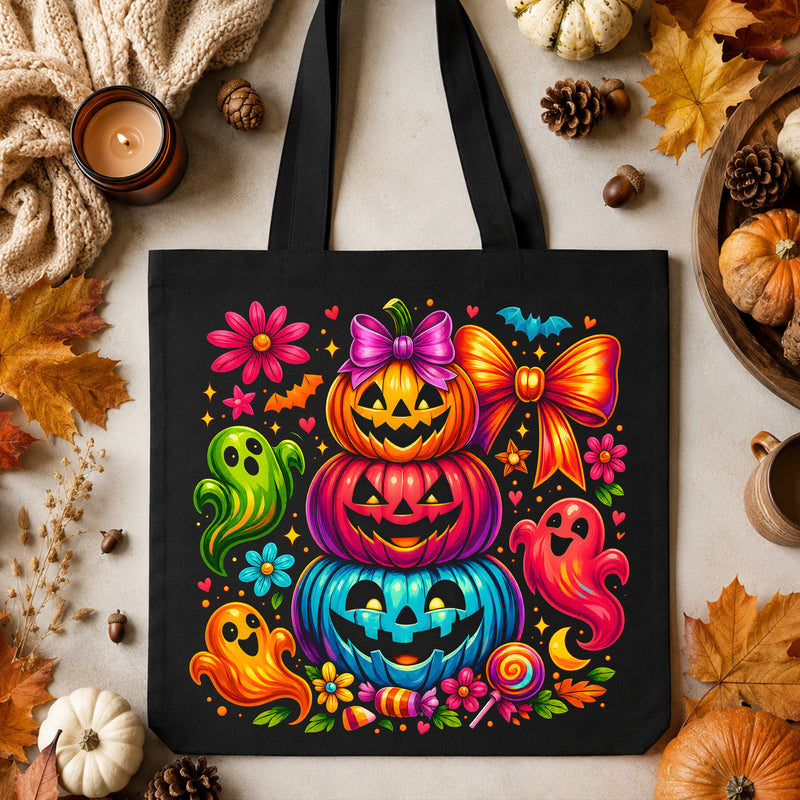 Stacked Bright Pumpkins & Friendly Ghosts Halloween - DTF Transfer