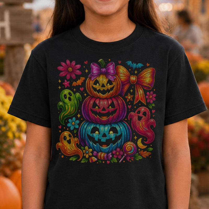 Stacked Bright Pumpkins & Friendly Ghosts Halloween - DTF Transfer