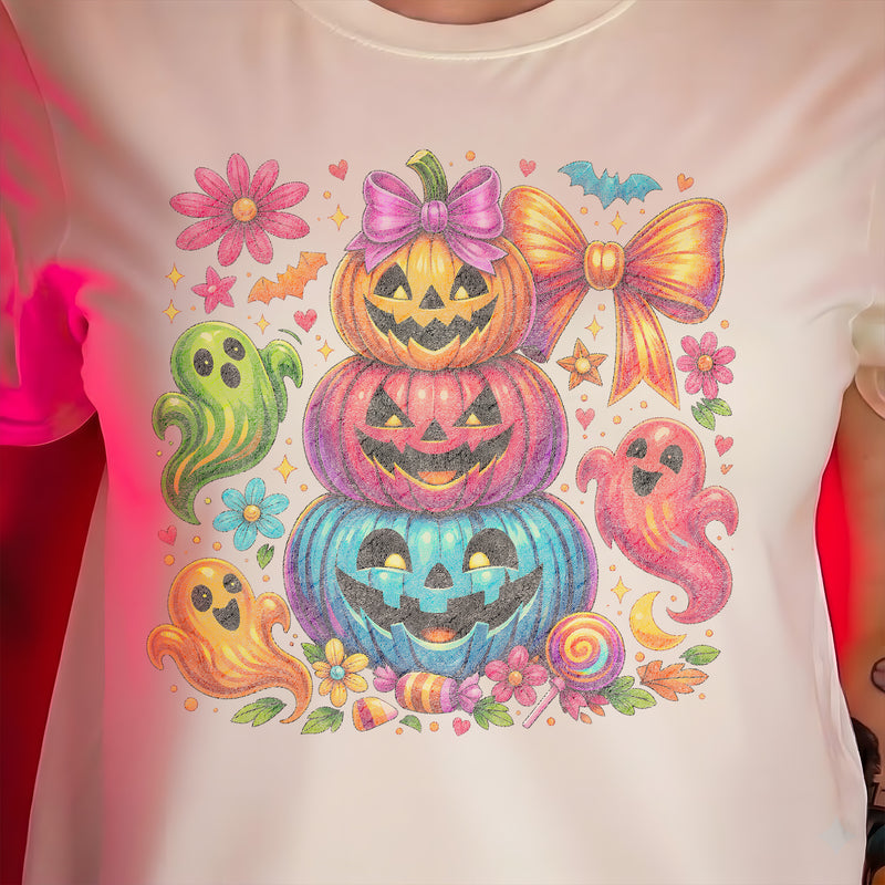 Stacked Bright Pumpkins & Friendly Ghosts Halloween - DTF Transfer