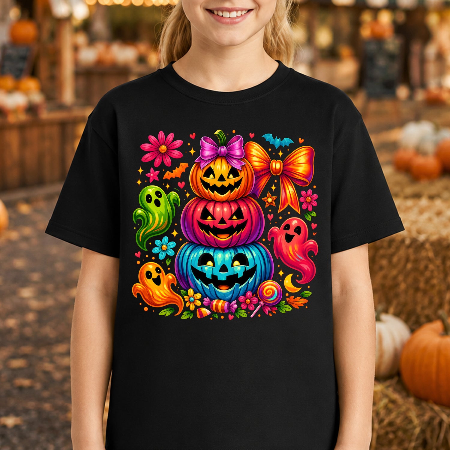 Stacked Bright Pumpkins & Friendly Ghosts Halloween - DTF Transfer