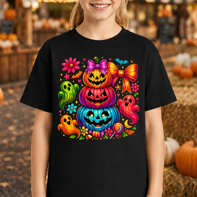 Stacked Bright Pumpkins & Friendly Ghosts Halloween - DTF Transfer
