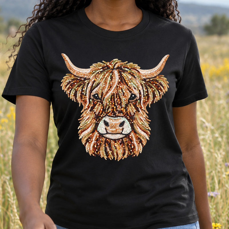 Highland Cow Faux Sequin: Beaded Shimmer & Western Glam - DTF Transfer