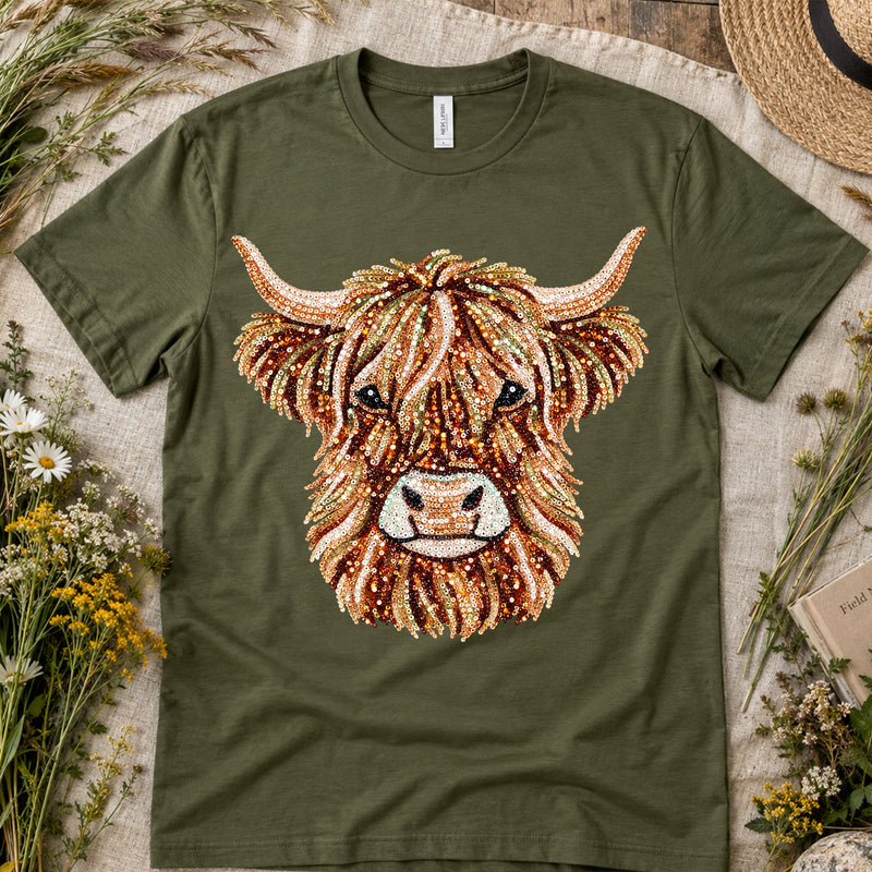 Highland Cow Faux Sequin: Beaded Shimmer & Western Glam - DTF Transfer