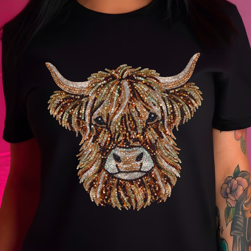 Highland Cow Faux Sequin: Beaded Shimmer & Western Glam - DTF Transfer