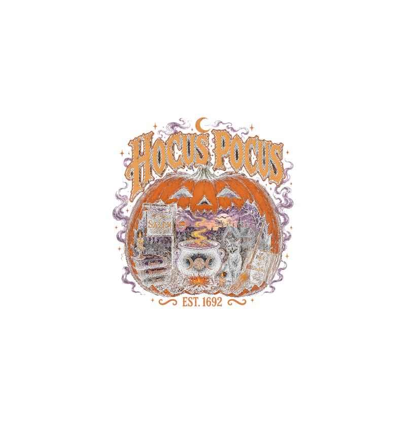 Pumpkin Cauldron & Black Cat Vintage DTF Transfer