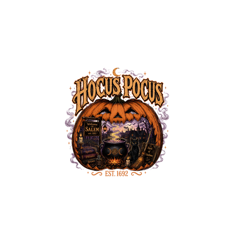Pumpkin Cauldron & Black Cat Vintage DTF Transfer
