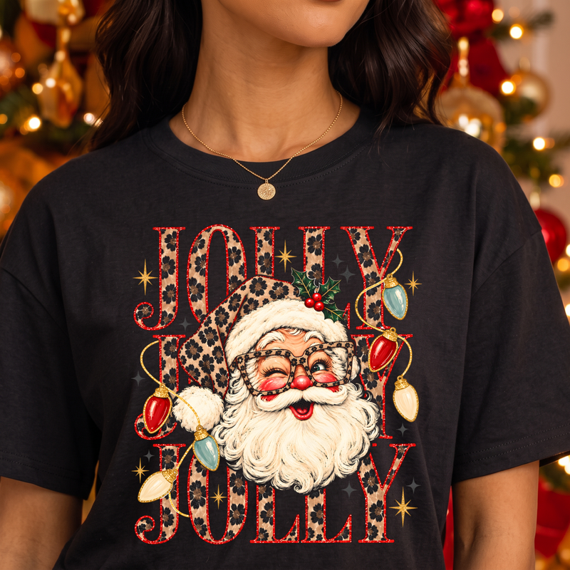 Jolly Jolly Jolly Glam Leopard Santa & Retro Lights - DTF Transfer