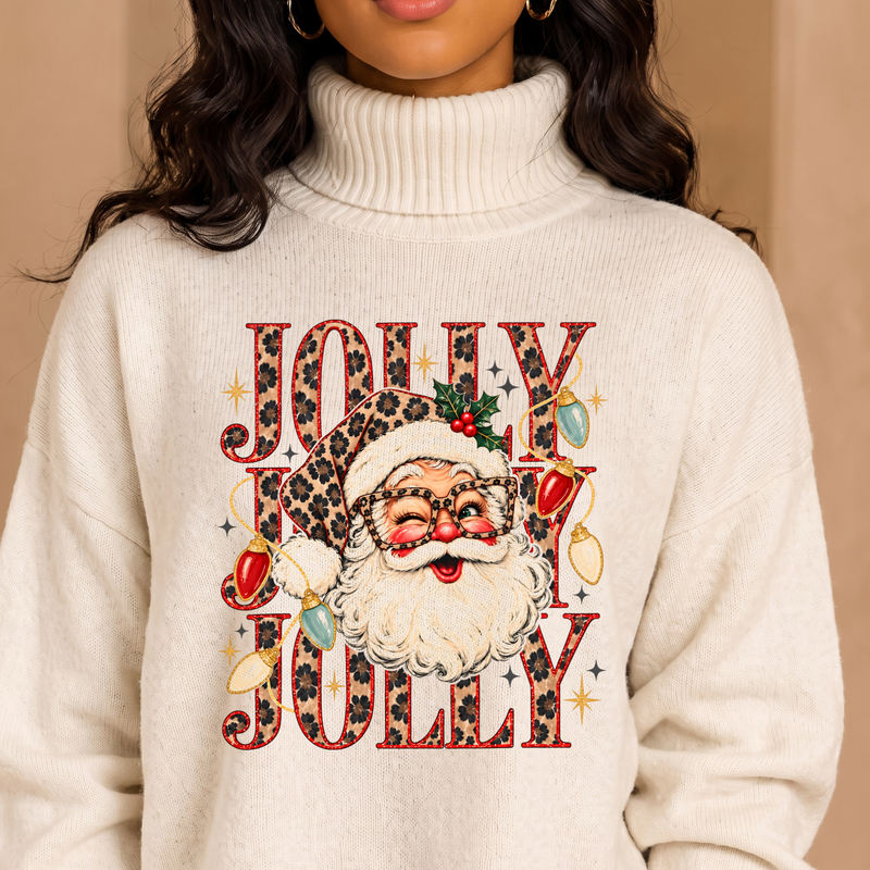 Jolly Jolly Jolly Glam Leopard Santa & Retro Lights - DTF Transfer