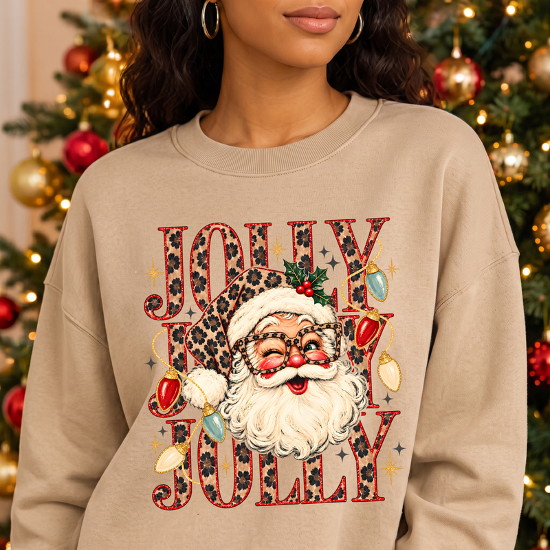 Jolly Jolly Jolly Glam Leopard Santa & Retro Lights - DTF Transfer