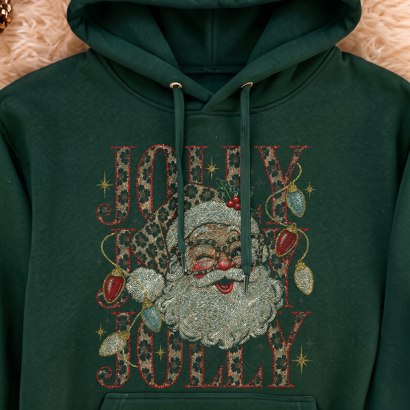 Jolly Jolly Jolly Glam Leopard Santa & Retro Lights - DTF Transfer