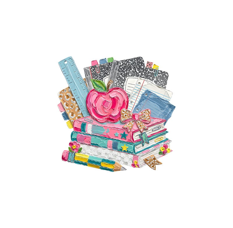 3D Painted School Books & Apple" Artistic Teacher - DTF Transfer
