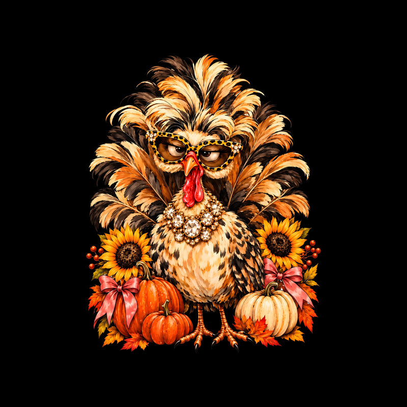 Boujee Fluffy Turkey: Leopard Glasses & Autumn Pumpkins - DTF Transfer