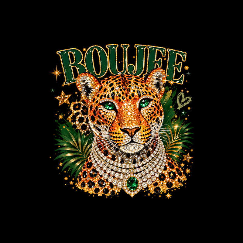 Emerald Boujee Leopard: Beaded Diamond Necklace & Emerald Crown - DTF Transfer