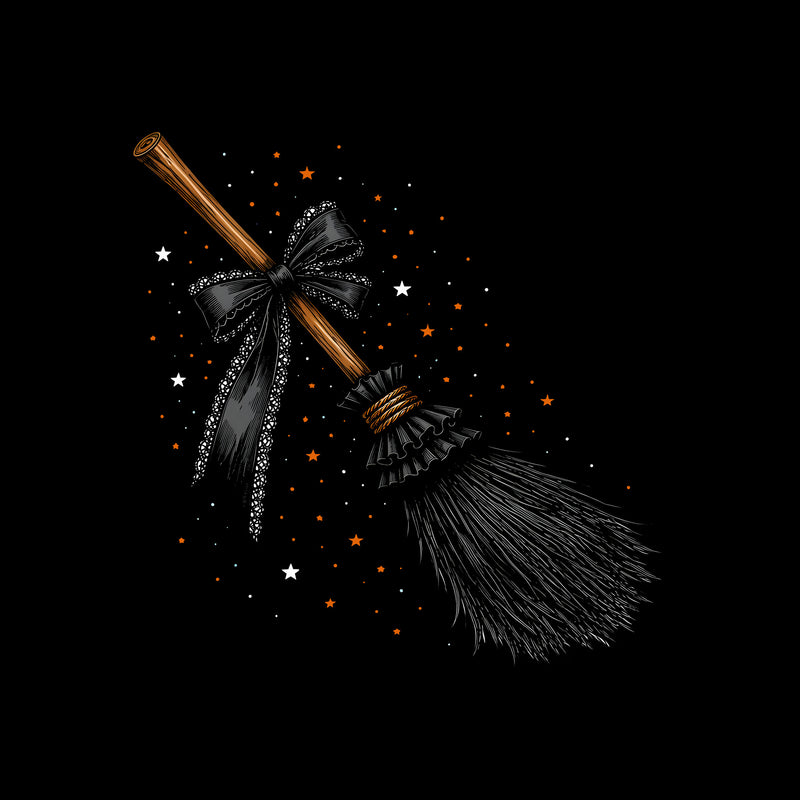 Witchy Broomstick with Black Lace Bow: Celestial Coquette - DTF Transfer