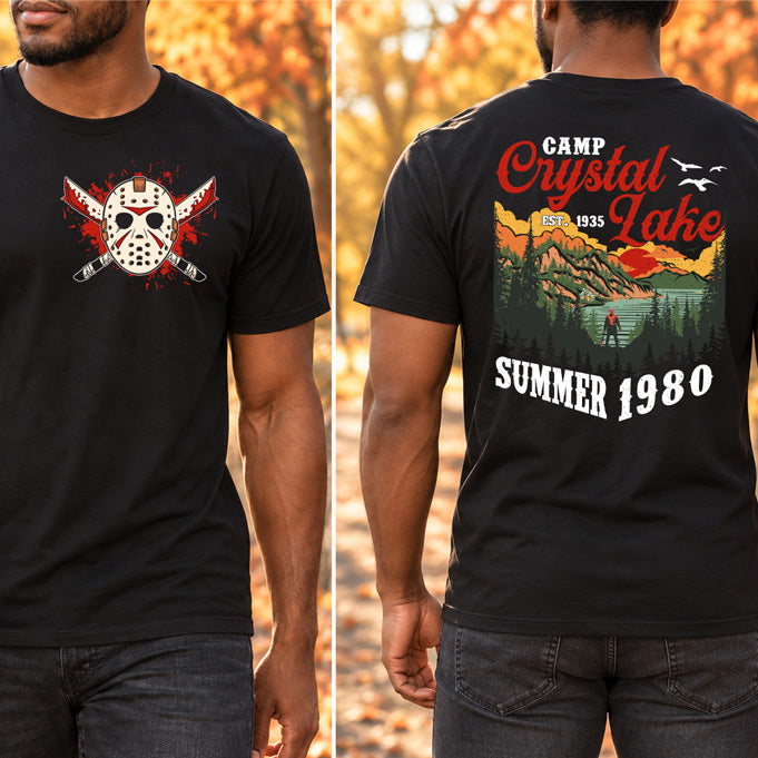 Camp Crystal Lake Summer 1980: Front - Mask & Machetes & Back - Vintage Landscape - DTF Transfer Set