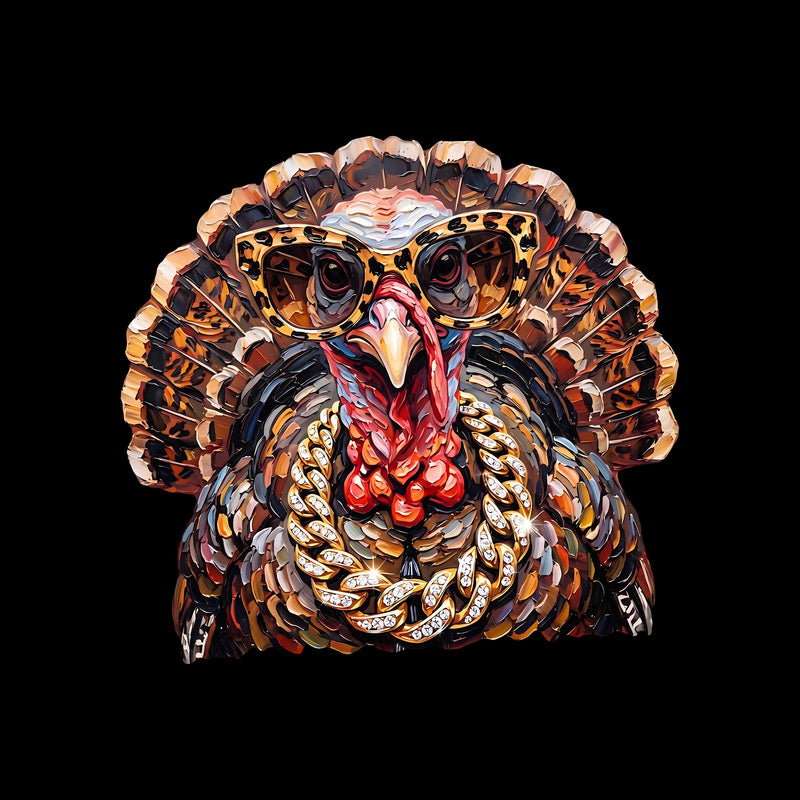 Faux Painted Fancy Turkey: Gold Chains & Leopard Glasses DTF Transfer
