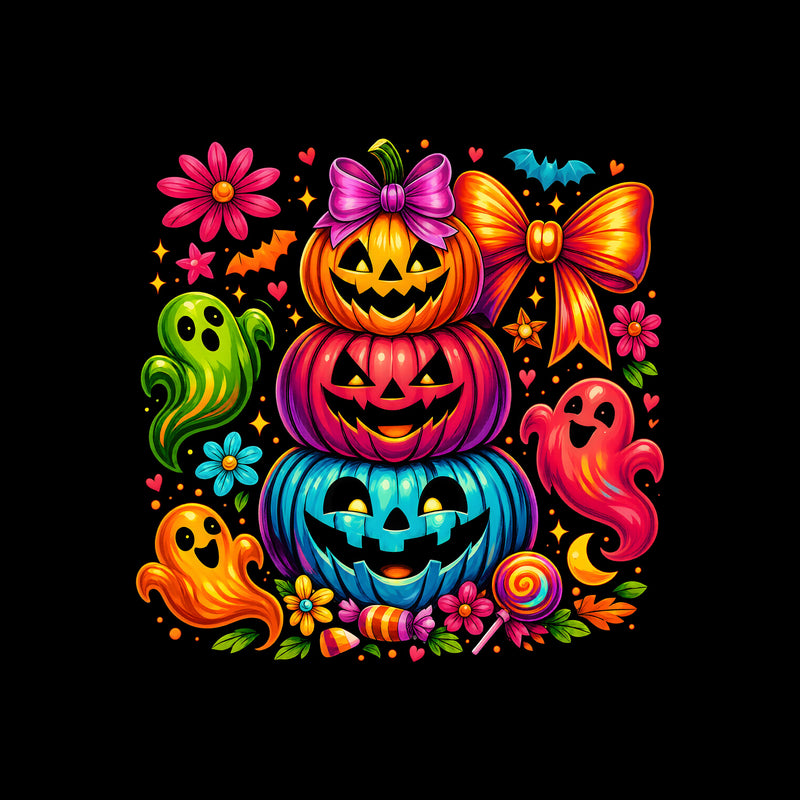 Stacked Bright Pumpkins & Friendly Ghosts Halloween - DTF Transfer