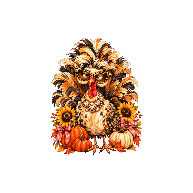 Boujee Fluffy Turkey: Leopard Glasses & Autumn Pumpkins - DTF Transfer