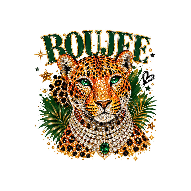 Emerald Boujee Leopard: Beaded Diamond Necklace & Emerald Crown - DTF Transfer