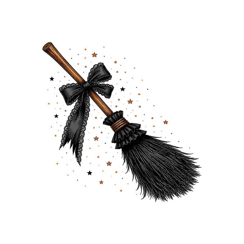 Witchy Broomstick with Black Lace Bow: Celestial Coquette - DTF Transfer