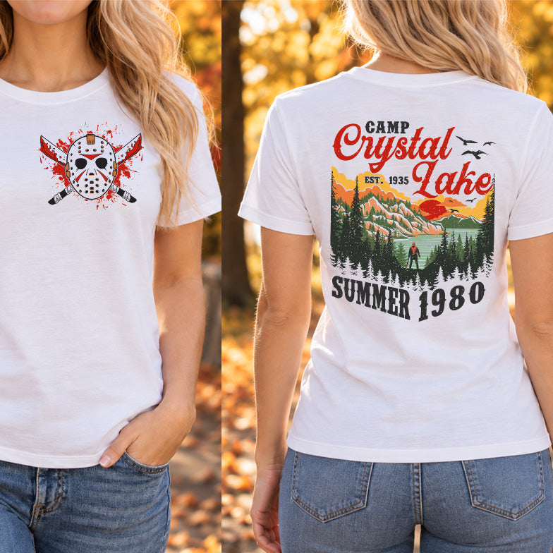 Camp Crystal Lake Summer 1980: Front - Mask & Machetes & Back - Vintage Landscape - DTF Transfer Set