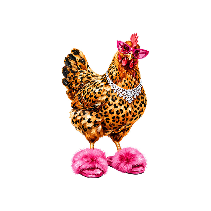 Glam Chicken in Pink Fluffy Slippers - DTF Transfer