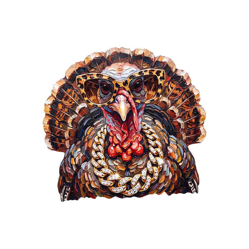 Faux Painted Fancy Turkey: Gold Chains & Leopard Glasses DTF Transfer