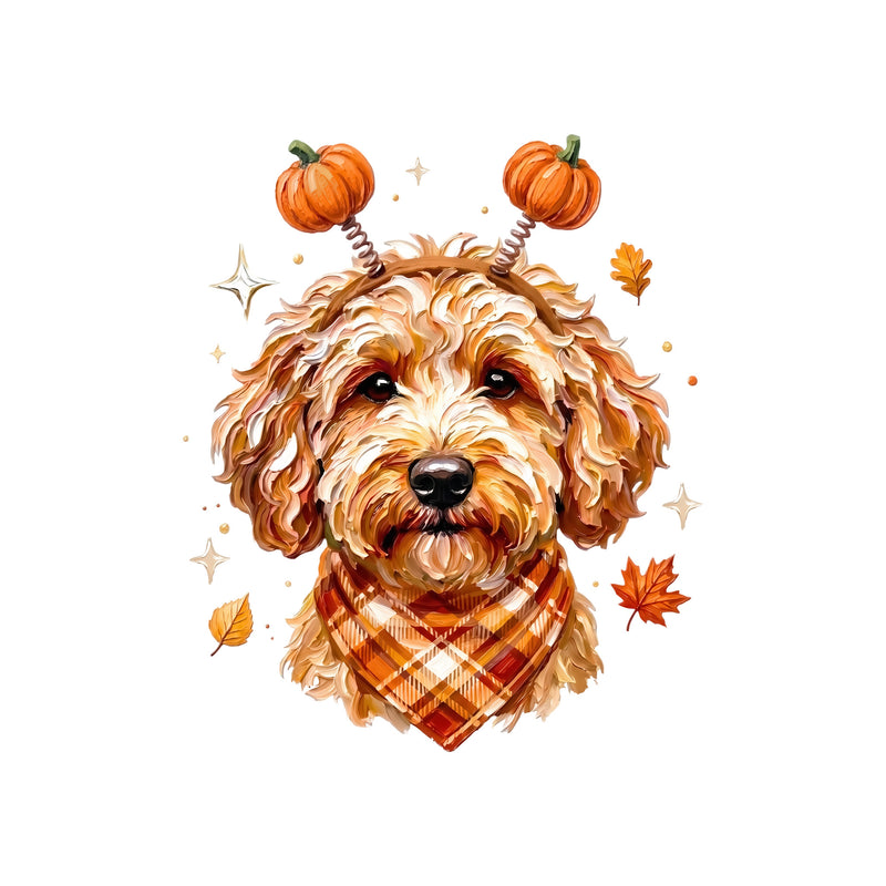 Autumn Goldendoodle Dog & Pumpkin Headband - DTF Transfer