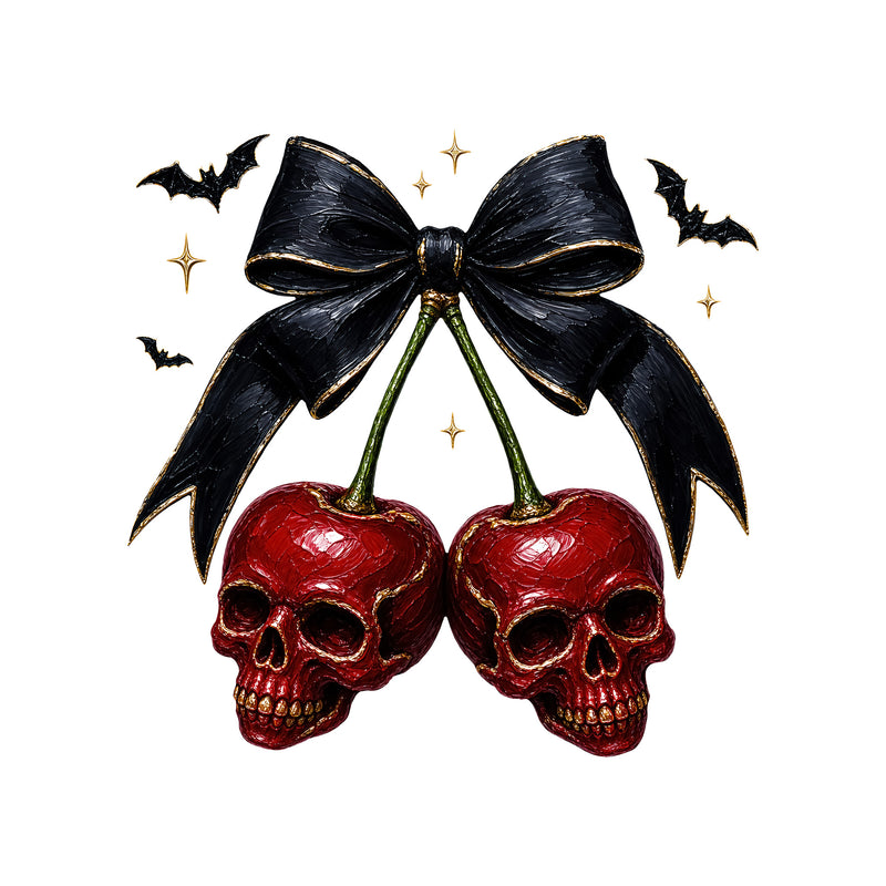 Gothic Skull Cherries & Ribbon with Bats - DTF Transfer