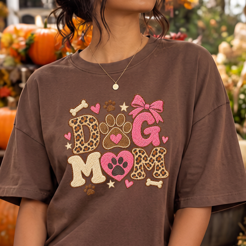 Dog Mom Embroidered Patch Faux Embroidery & Leopard Bow - DTF Transfer