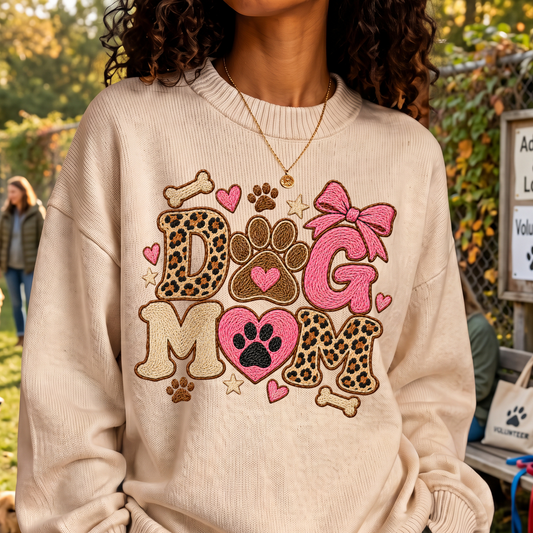 Dog Mom Embroidered Patch Faux Embroidery & Leopard Bow - DTF Transfer
