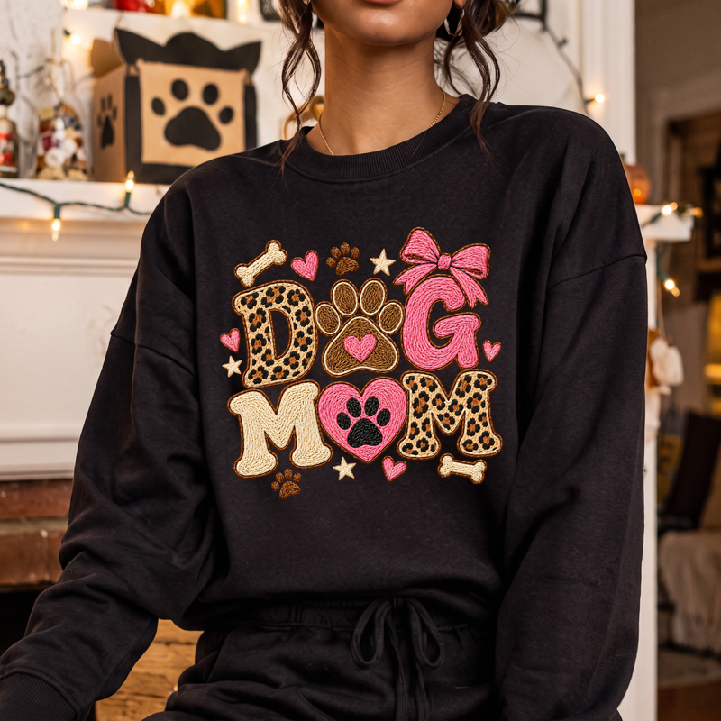 Dog Mom Embroidered Patch Faux Embroidery & Leopard Bow - DTF Transfer